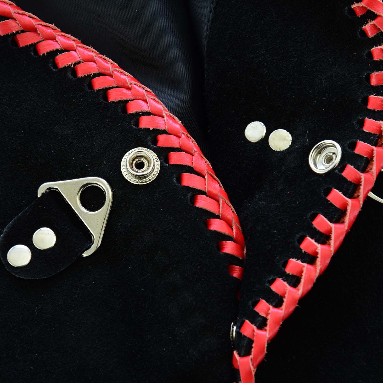 Men Black Suede Biker Leather Vest with Red Spanish Braid and Metal Clasps