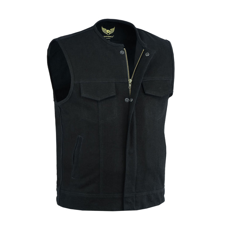 Leatherick Heren lederen afwerking en zwaar denim gilet in biker stijl met diepe zakken (2XL