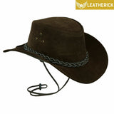 Suede Leather Cowboy Hat Threaded Braid Band Western Australian Style Outback Bush Hat Dark Brown