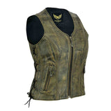 Ladies Vintage Brown Biker Leather Waistcoat Side Lace Vest