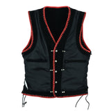 Men Black Suede Biker Leather Vest with Red Spanish Braid and Metal Clasps