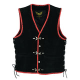 Men Black Suede Biker Leather Vest with Red Spanish Braid and Metal Clasps
