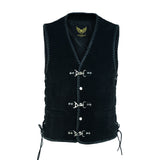 Men Black Suede Biker Leather Vest with Spanish Braid and Metal Clasps