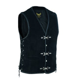 Men Black Suede Biker Leather Vest with Spanish Braid and Metal Clasps