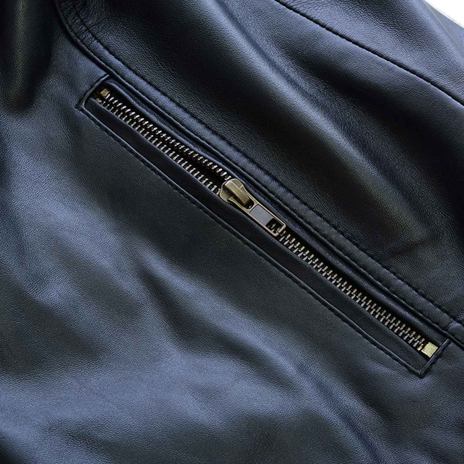 Unique Men's Real Leather Zipper Pockets Black Slim Fit Biker