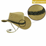 Cowboy Western Aussie Style Camel Suede Bush Leather Hat with White Threaded Braid Band